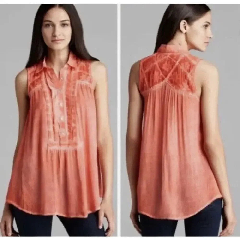 Free People Gauze Acid Wash Tie Dye Tunic Top Coral Blue Boho Size Small 2850
